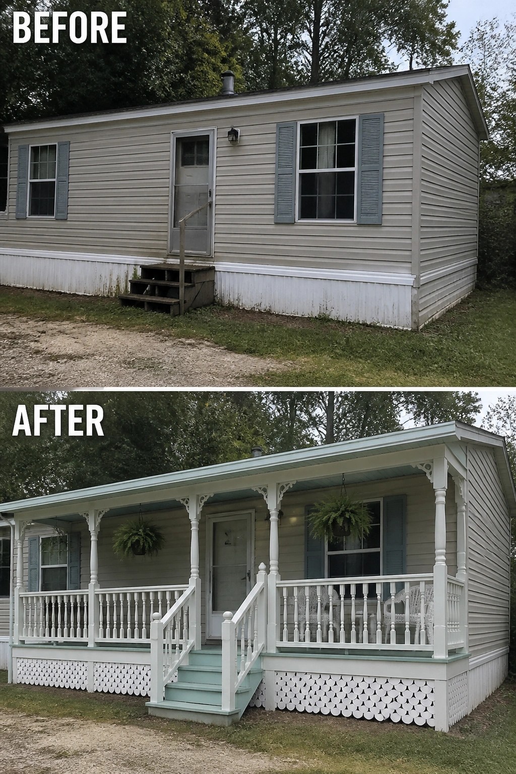 Before-and-after image of a mobile home where a plain entrance with a few steps was updated with a covered porch featuring spindled railing and scalloped skirting.