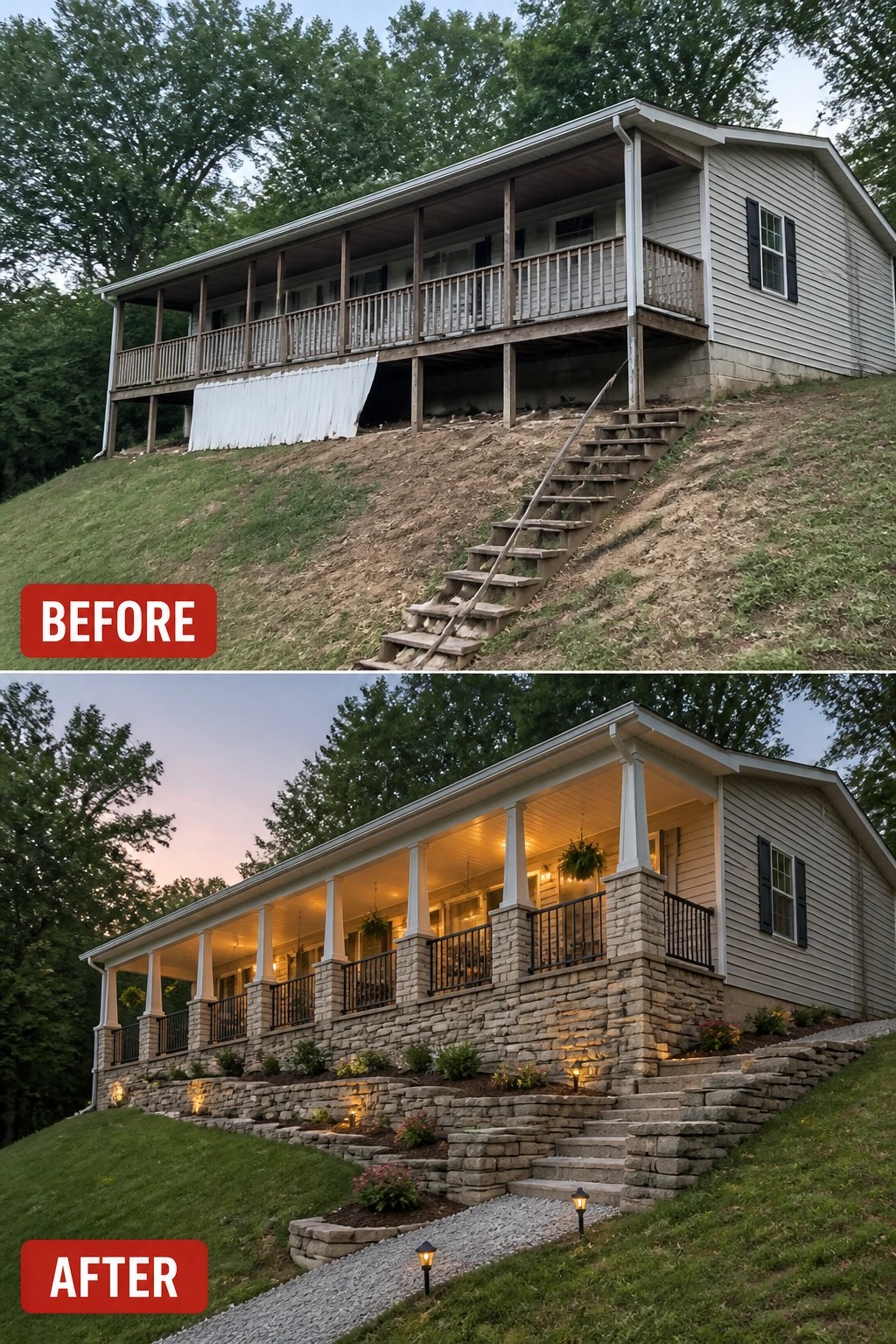 Before-and-after image of a raised porch with exposed posts updated by adding stacked stone skirting, stone steps, railings, plantings, and path lighting.