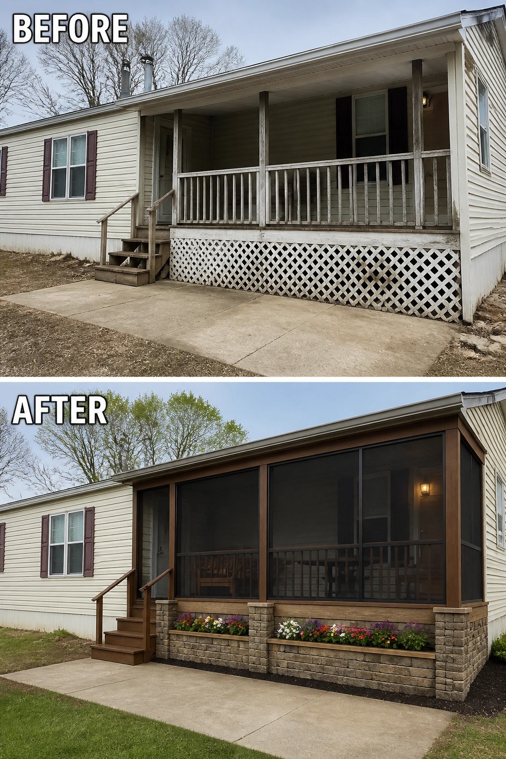 Before-and-after image of a mobile home porch updated from open rails and lattice to a screened-in porch with stone