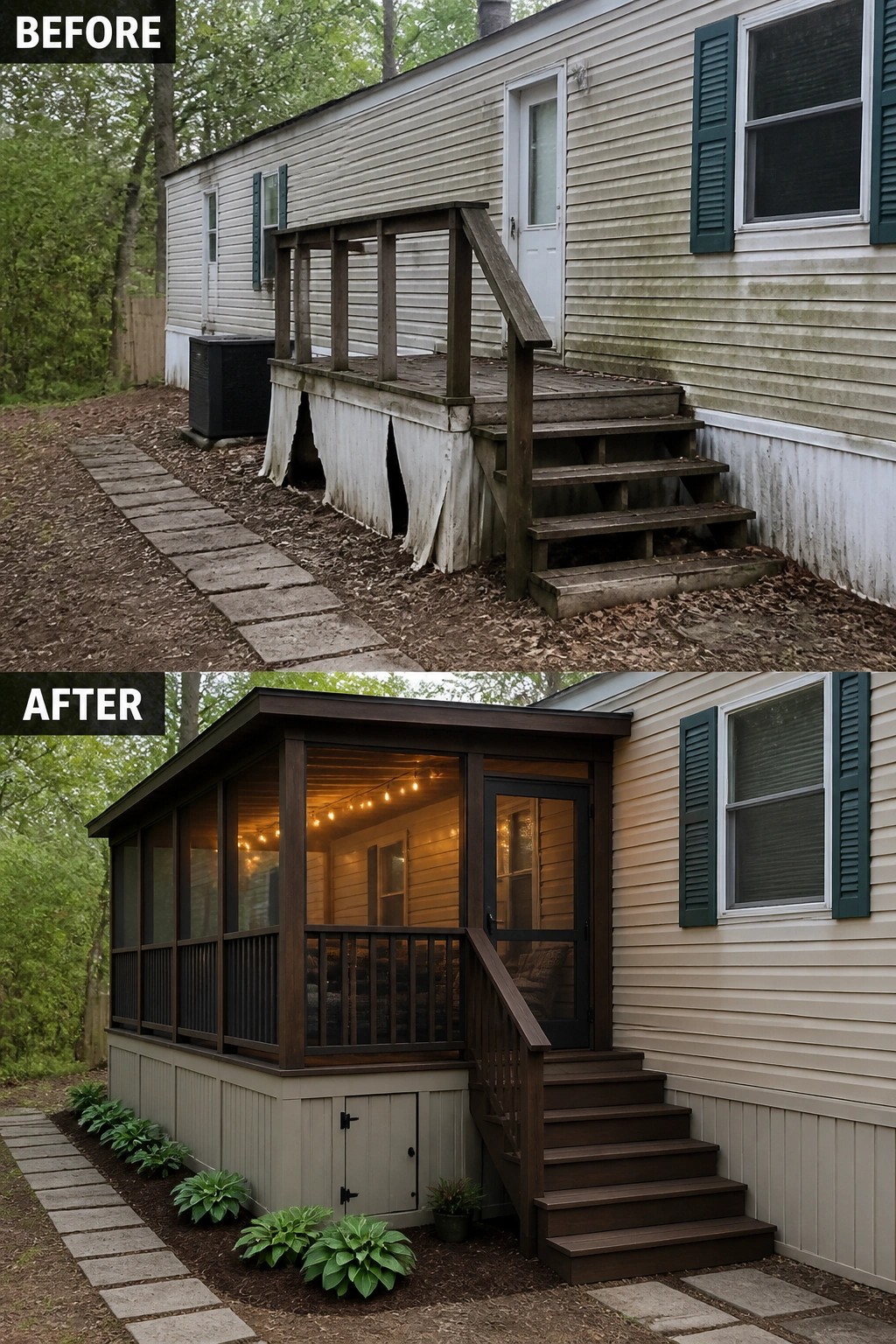 Before-and-after: dilapidated mobile-home porch transformed into dark-wood screened porch with string lights.