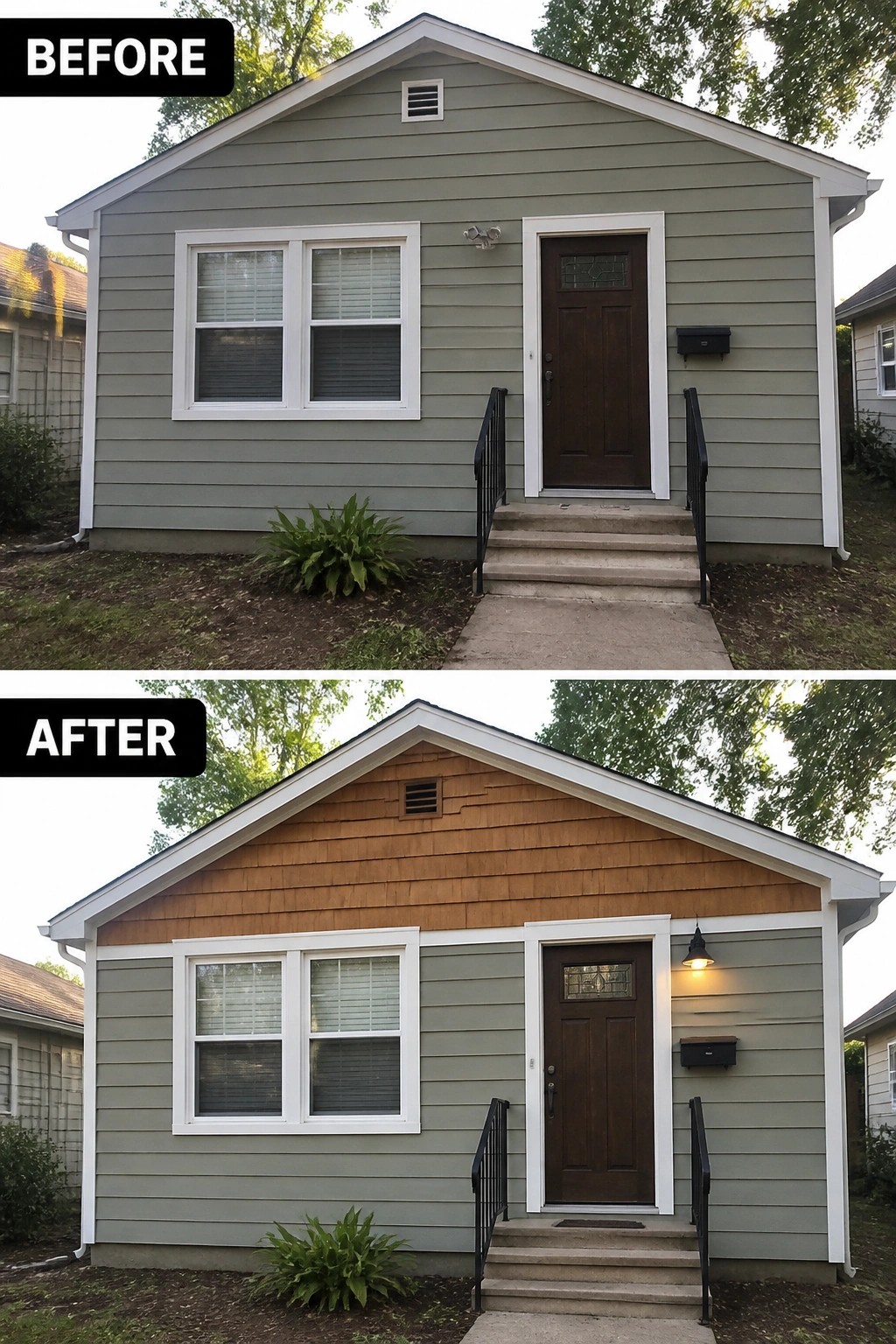 Before-and-after image of a small house front where the gable