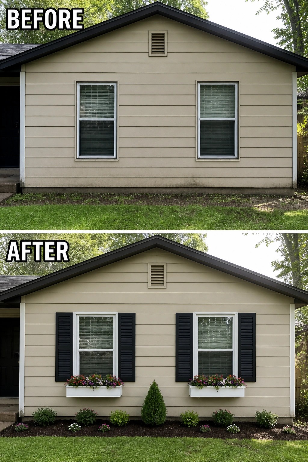 Before-and-after image of a small house facade updated with contrasting shutters and flower-filled window boxes.