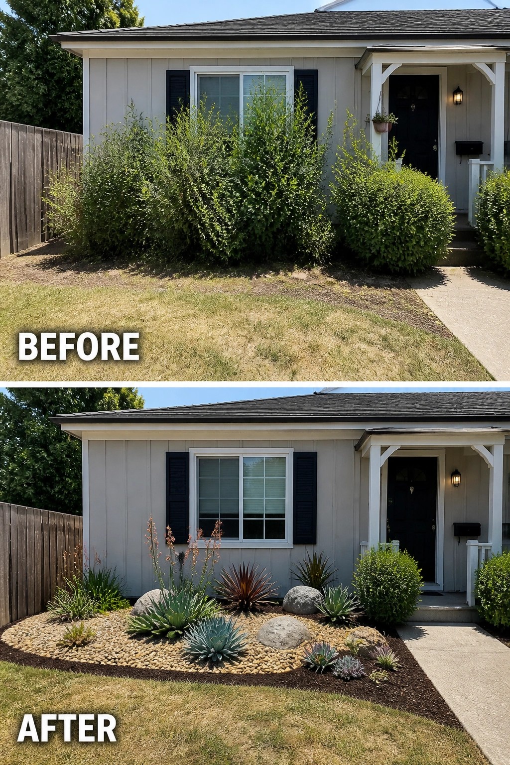 Before-and-after image of a small house front where overgrown foundation shrubs were removed and replaced with a low-maintenance rock-and-succulent garden with boulders and clean edging.