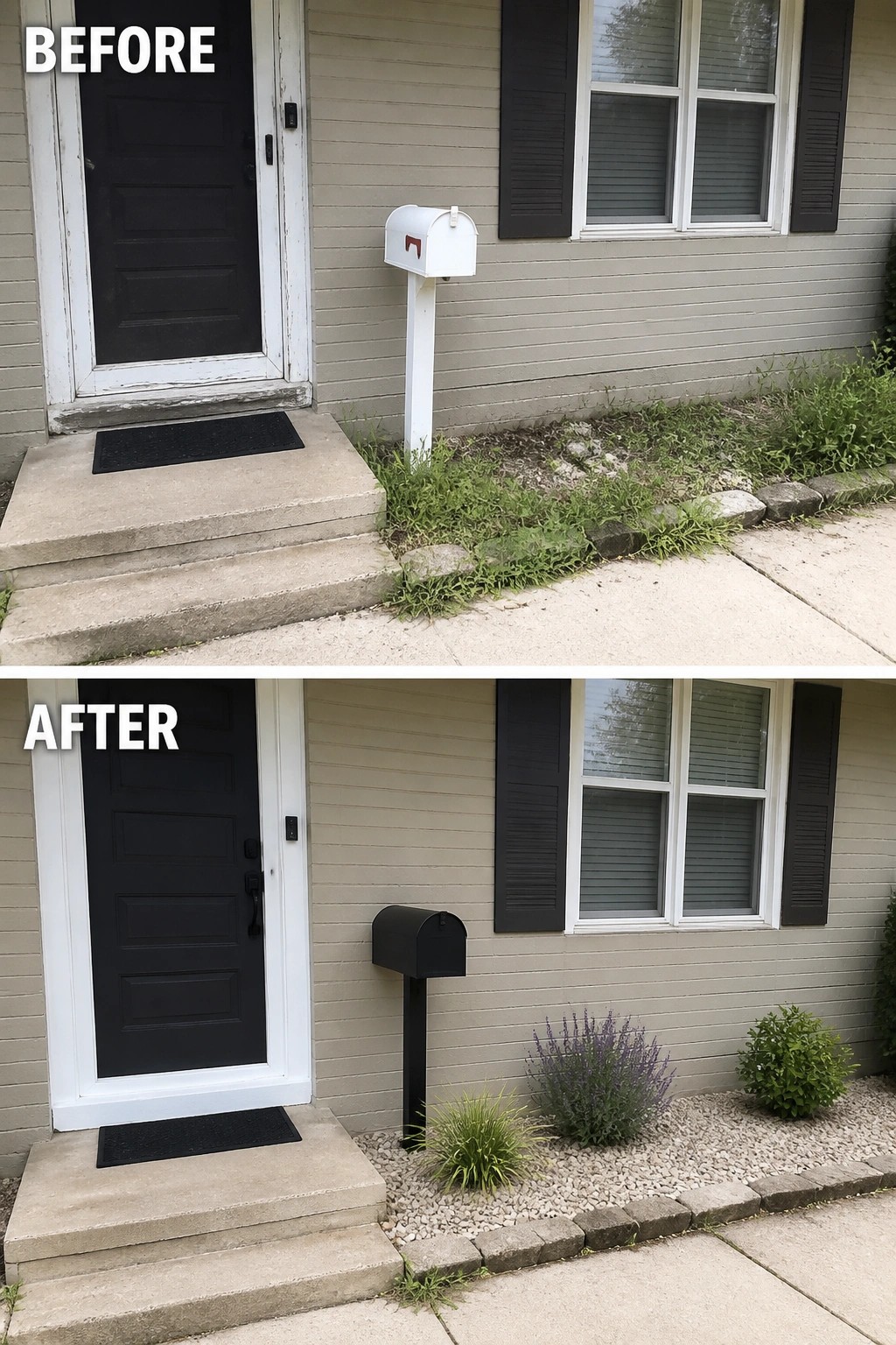 Before-and-after image of a small house front where an overgrown weed strip is cleared and replaced with a neat gravel planting bed with