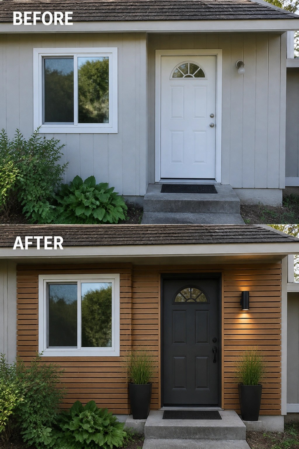 Before-and-after image of a small house entry where plain siding was updated with horizontal wood cladding, a dark painted door, a modern wall sconce, and matching planters.