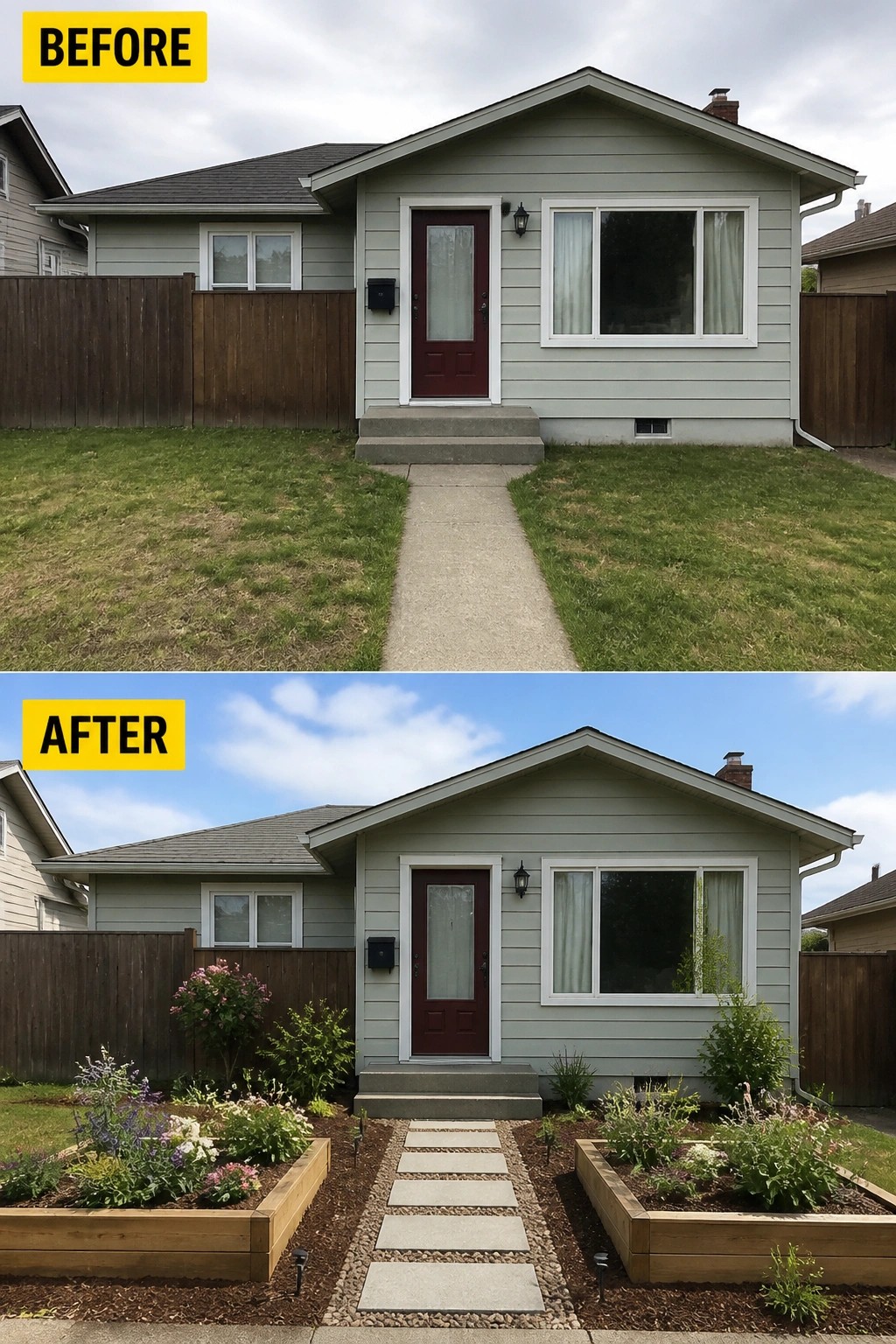 Before-and-after image of a small front yard where plain grass is replaced by raised wooden garden beds, mulch, and a stepping-stone path leading to the front door.