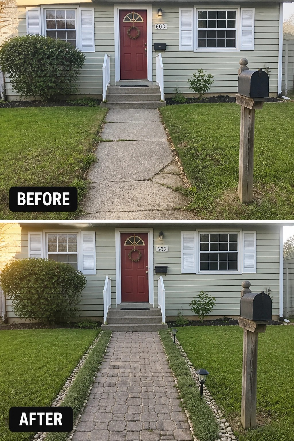 Before-and-after image of a cracked concrete walkway replaced with a neat paver path bordered by low plantings and river rock.
