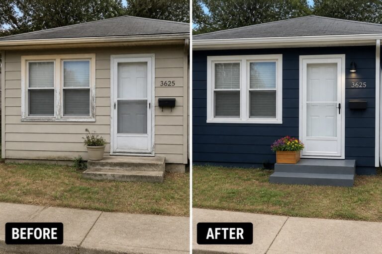20 Beautiful Small House Exterior Makeover Ideas for Compact Front Facades Before-and-after image of a small house front where faded beige siding is repainted navy blue with white trim and the entry gets painted steps, a wall lantern, and a planter.