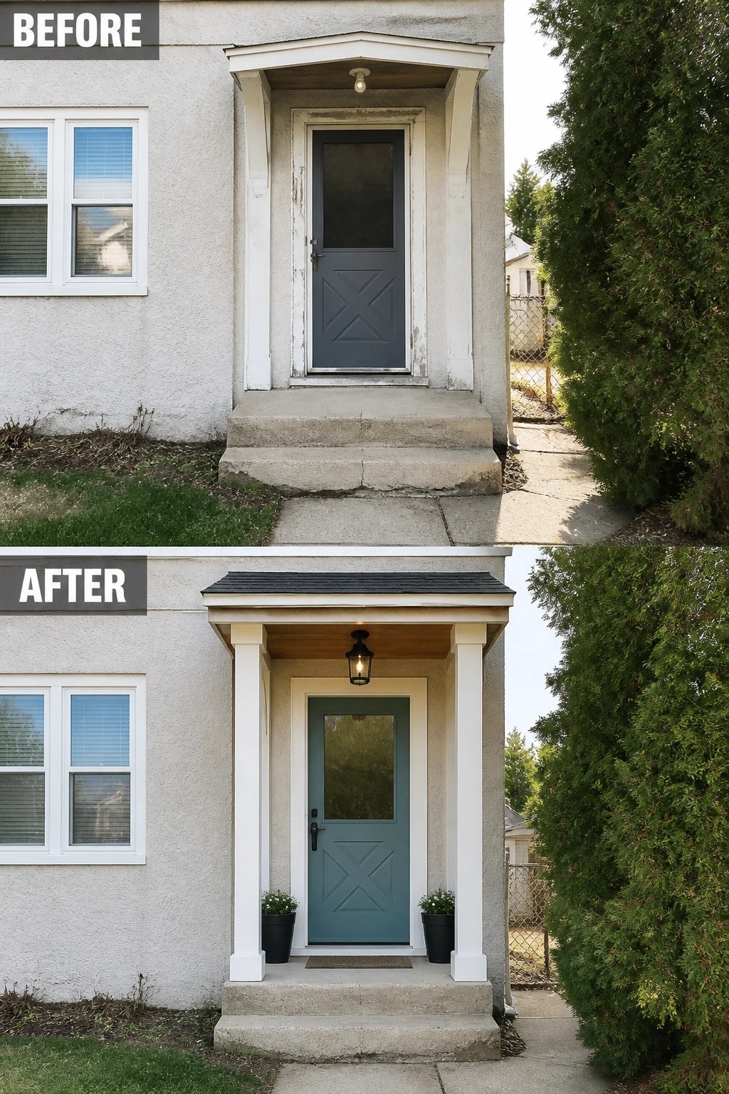 Before-and-after small stucco entry: worn gray door replaced by teal door, white columns