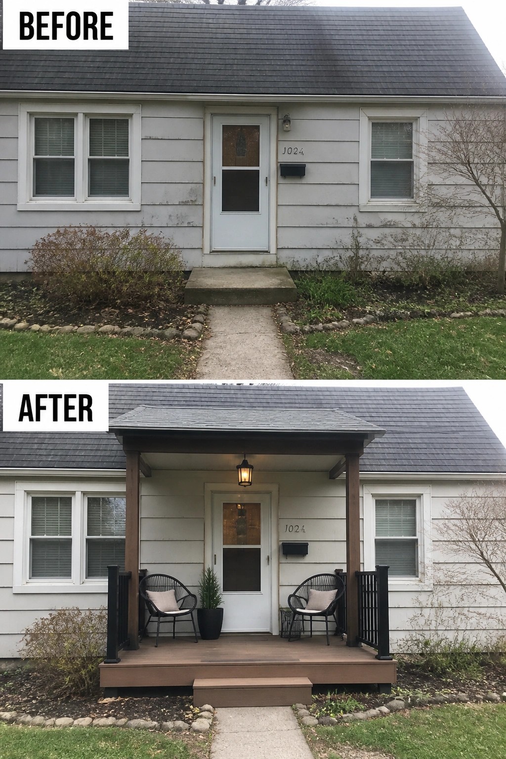 Before-and-after image of a small house front where a bare concrete step is replaced by a compact covered porch with posts, railing, seating, planters, and a hanging light.