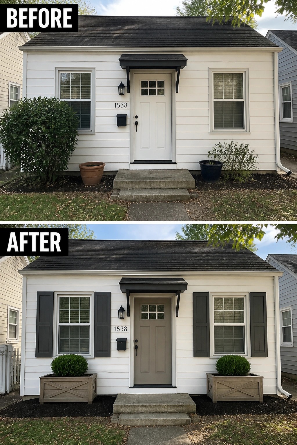 Before-and-after image of a small house front updated with a new painted door, matching shutters, and paired planters to create a defined entry.