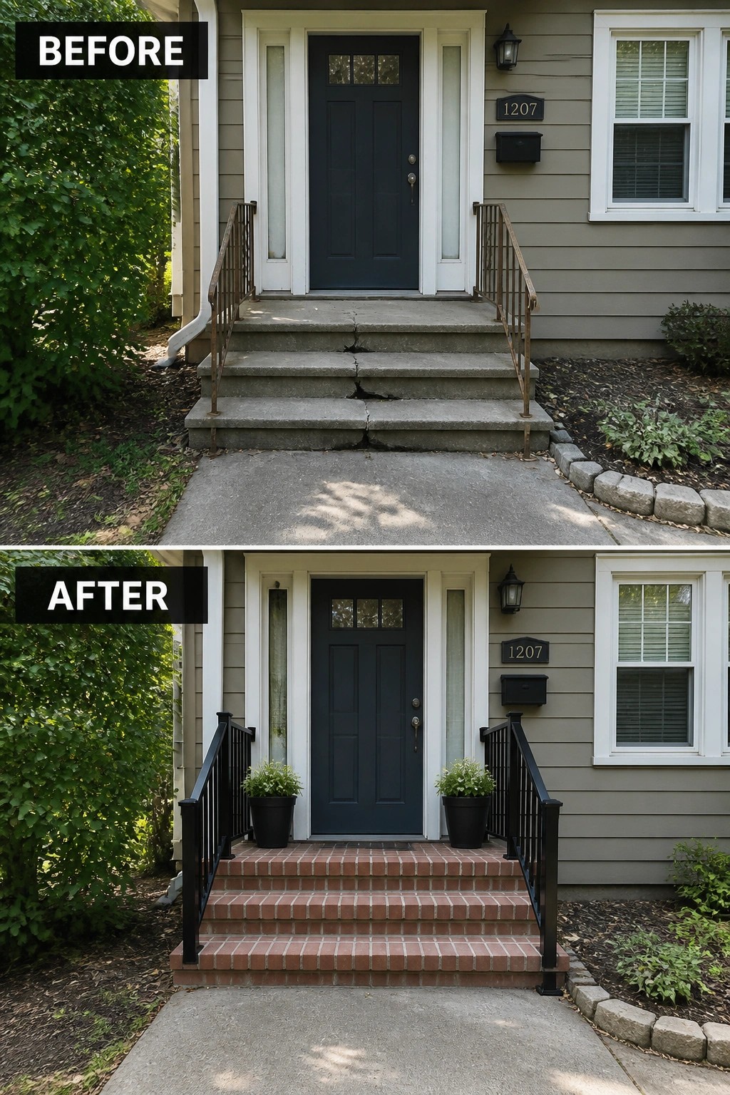 Before-and-after image of a front entry where cracked concrete steps were replaced with brick steps, new black railings, and matching planters.