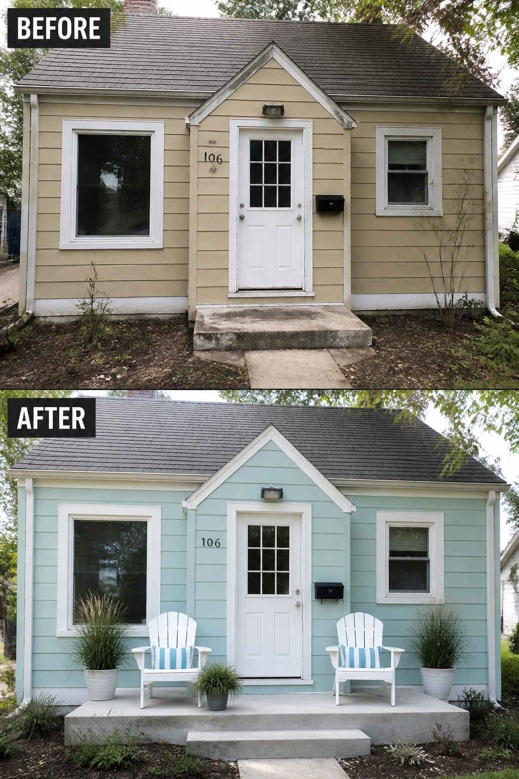 Before-and-after image of a small front house where a beige facade is repainted a soft blue and the porch is styled with two white chairs and potted plants.
