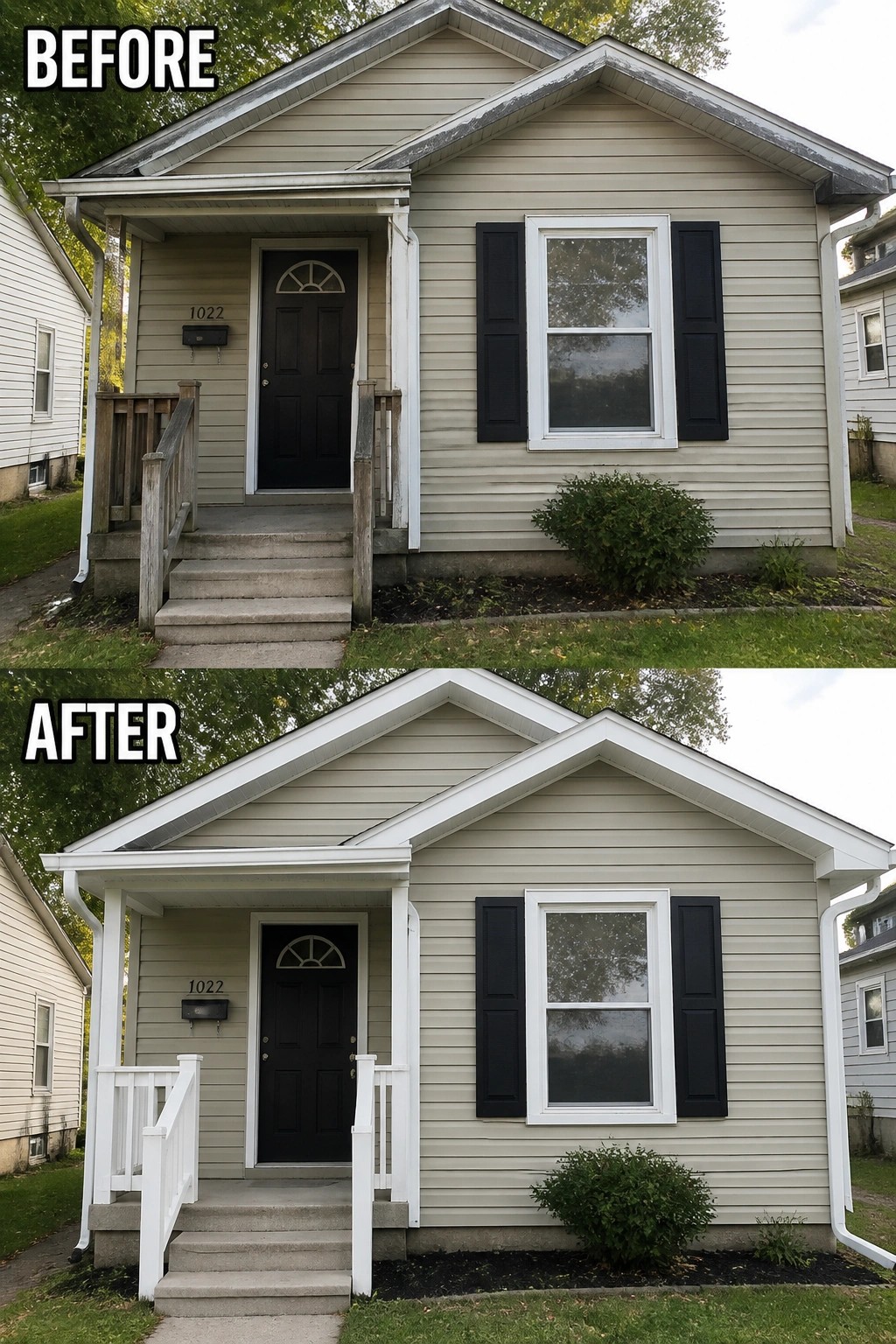 Before-and-after image of a small house front where weathered porch railings and trim were replaced and painted white to create a cleaner, more defined entry.