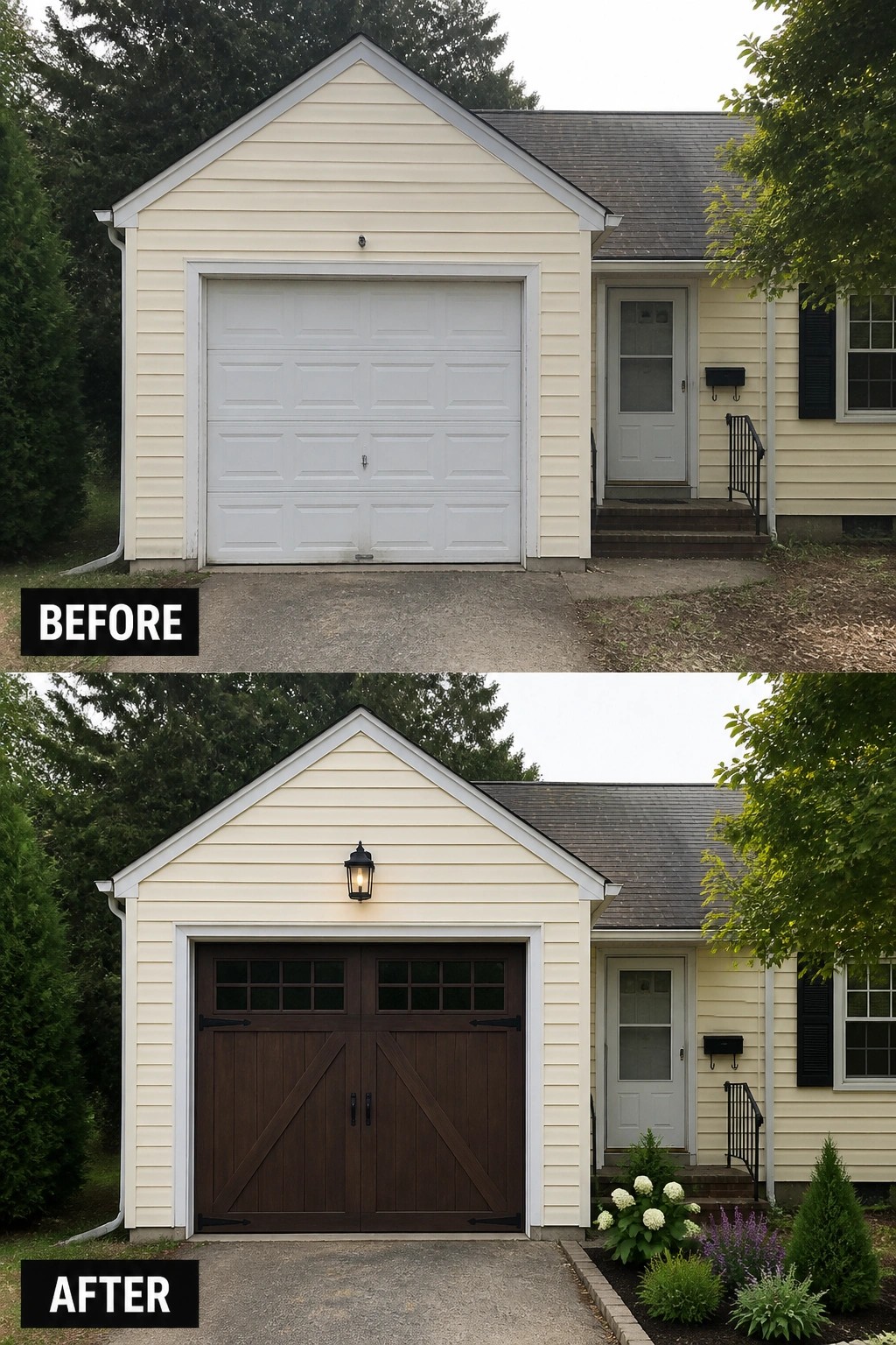 Before-and-after image of a small house exterior where a plain white garage door was replaced with a dark carriage-style door and a lantern and small plantings were added.