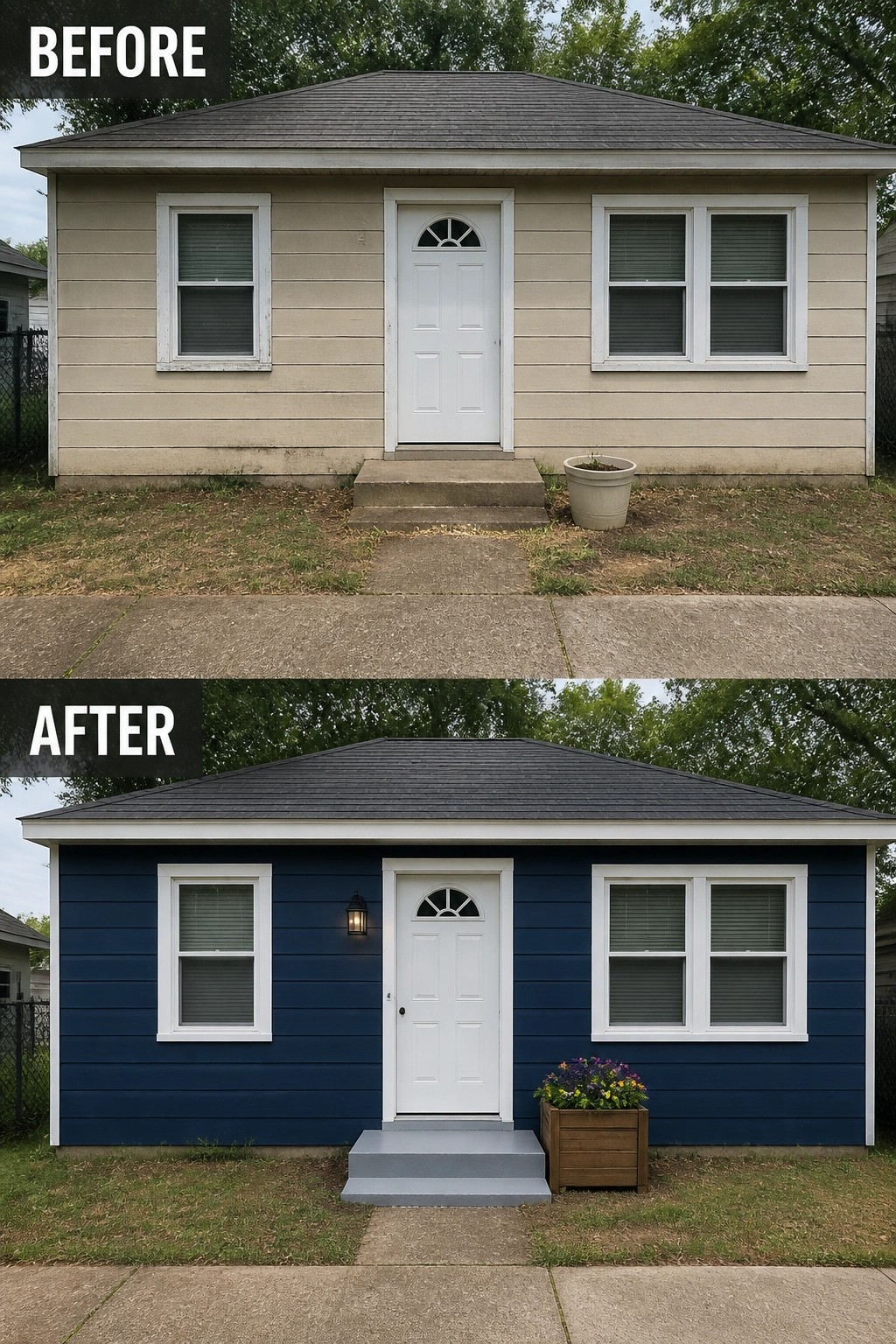 Before-and-after image of a small house front where faded beige siding is repainted navy blue with white trim and the entry gets painted steps, a wall lantern, and a planter.