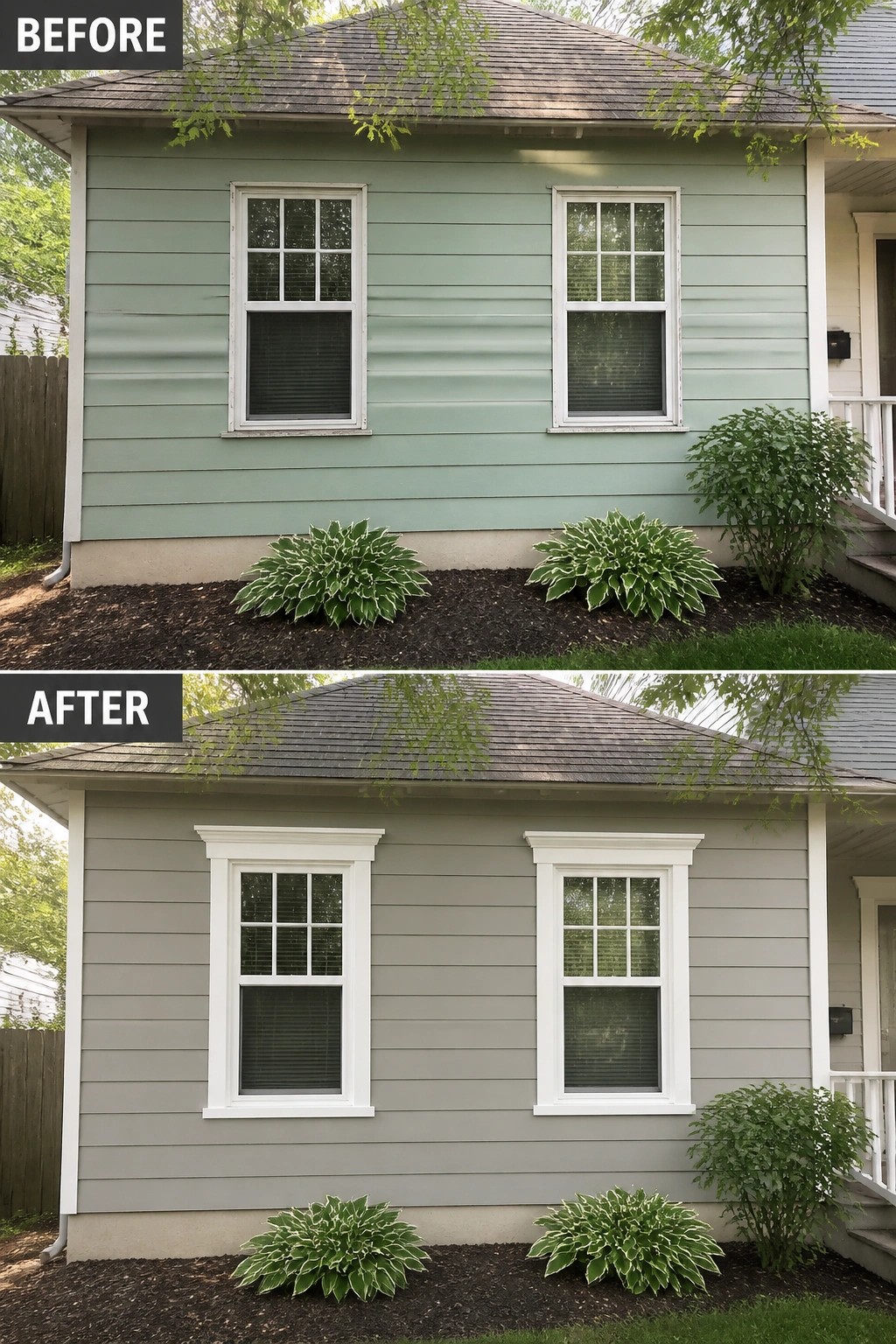 Before-and-after image of a small house front where faded green siding is repainted gray and the windows are given white decorative trim.