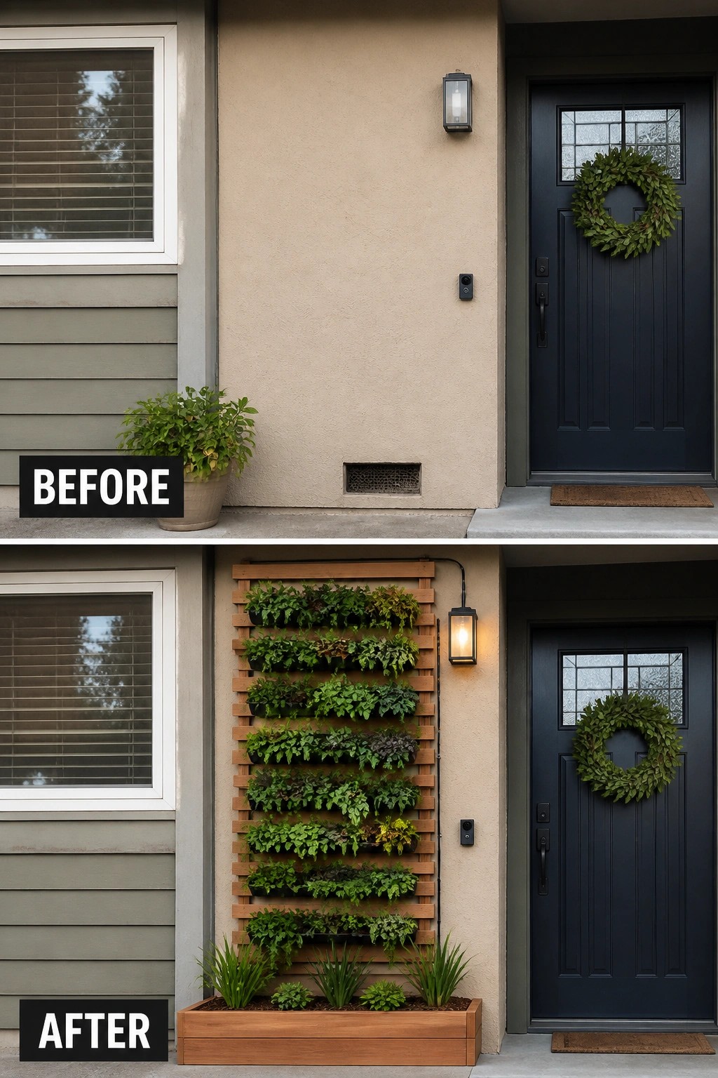 Before-and-after image of a plain front entry updated with a tall wooden vertical planter filled with greenery and a rectangular planter box beside the door.