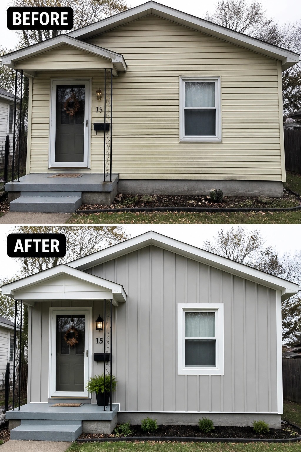 Before-and-after image of a small house front updated from faded horizontal yellow siding to smooth gray vertical siding with white trim and a new porch