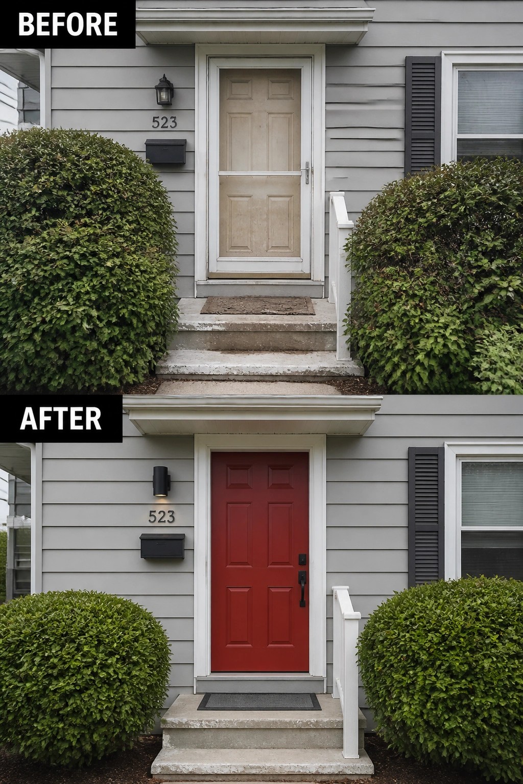 Before-and-after image of a small house front where a plain beige door is replaced by a painted red door with new black light and hardware.