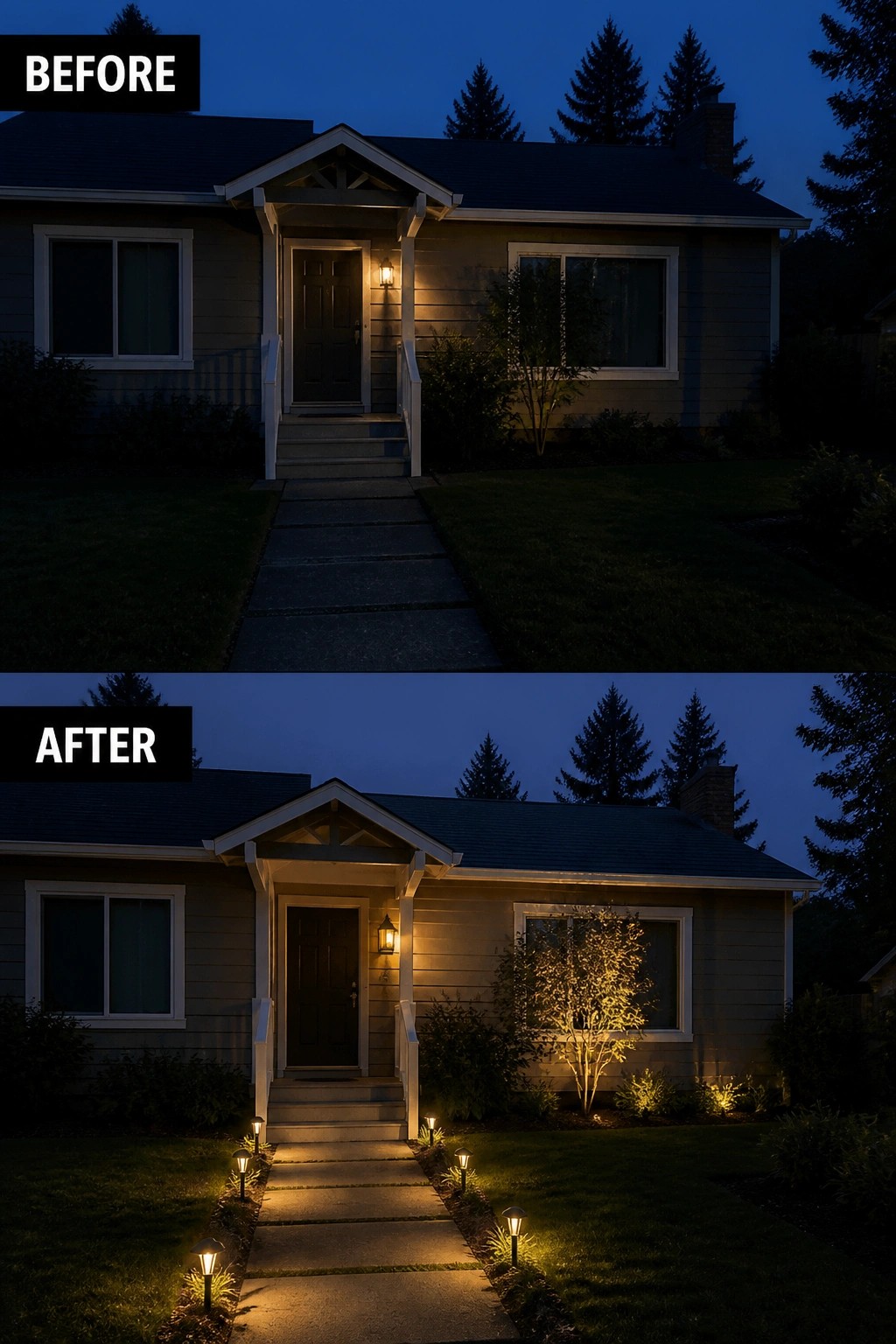 Before-and-after image of a small house front where added path lights and accent uplighting brighten the entryway and highlight a tree.