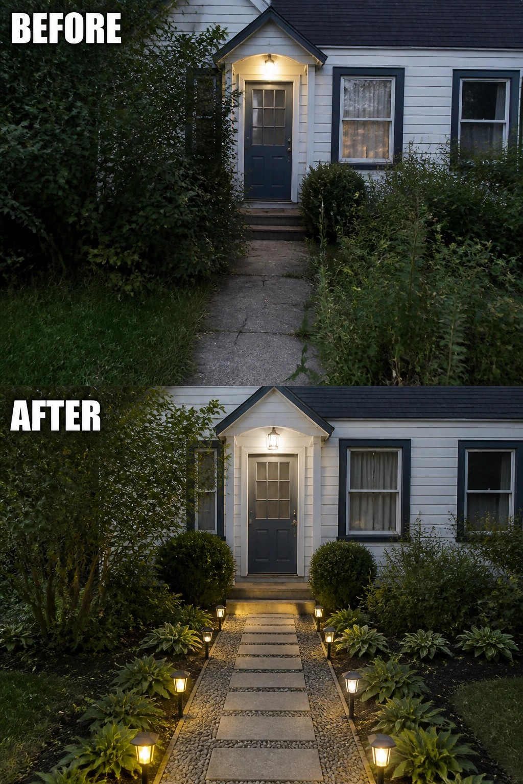 Before-and-after image of an overgrown front walkway updated with stepping