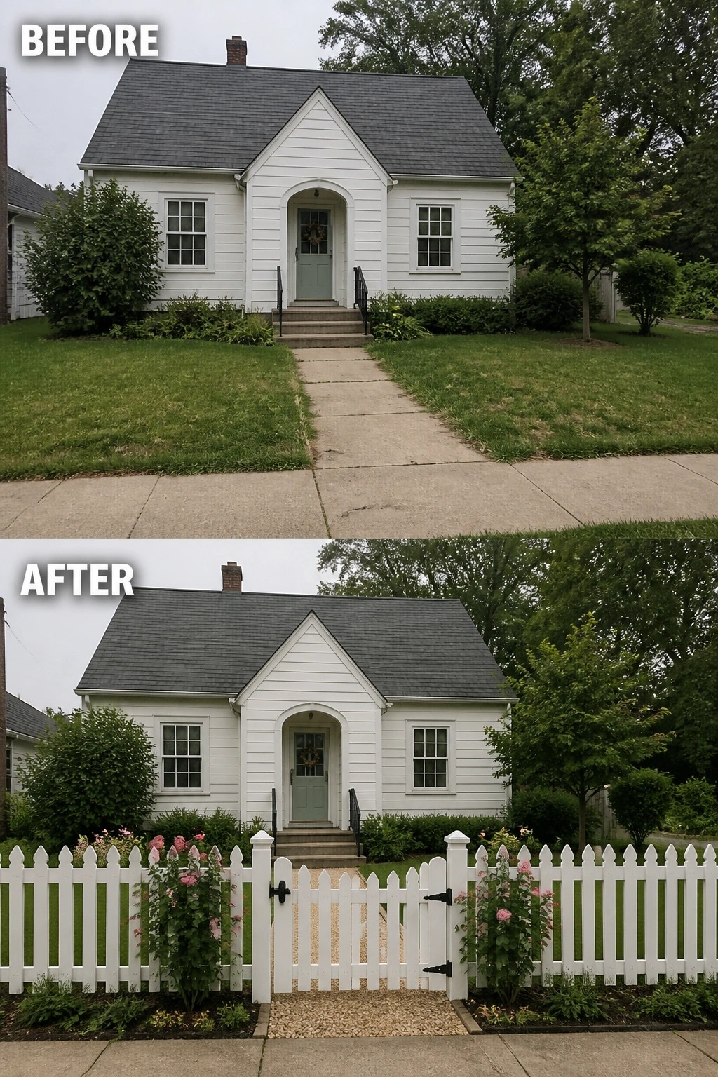 Before-and-after image of a small white cottage where a low white picket fence, centered gravel path, and new planting beds were added to define the front entry.