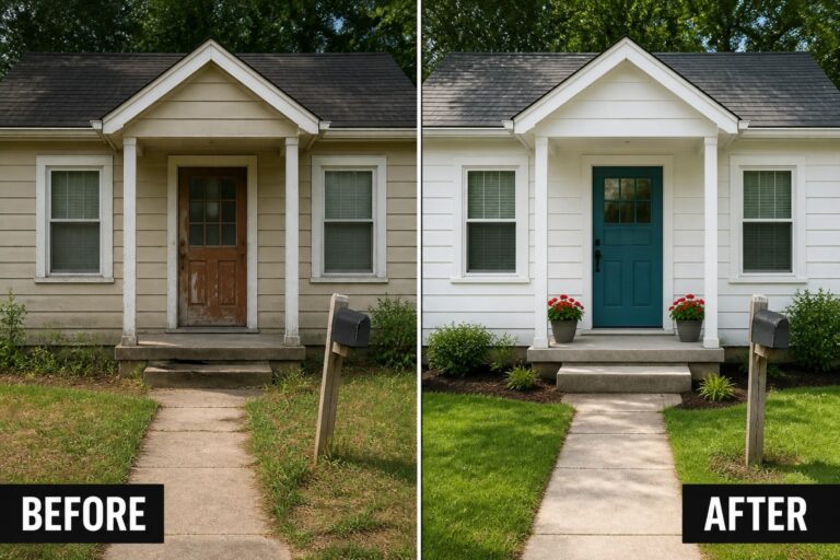 Before-and-after image of a small cottage exterior updated from beige siding and a plain wood door to white siding with a teal front door, planters, and neat planted beds.