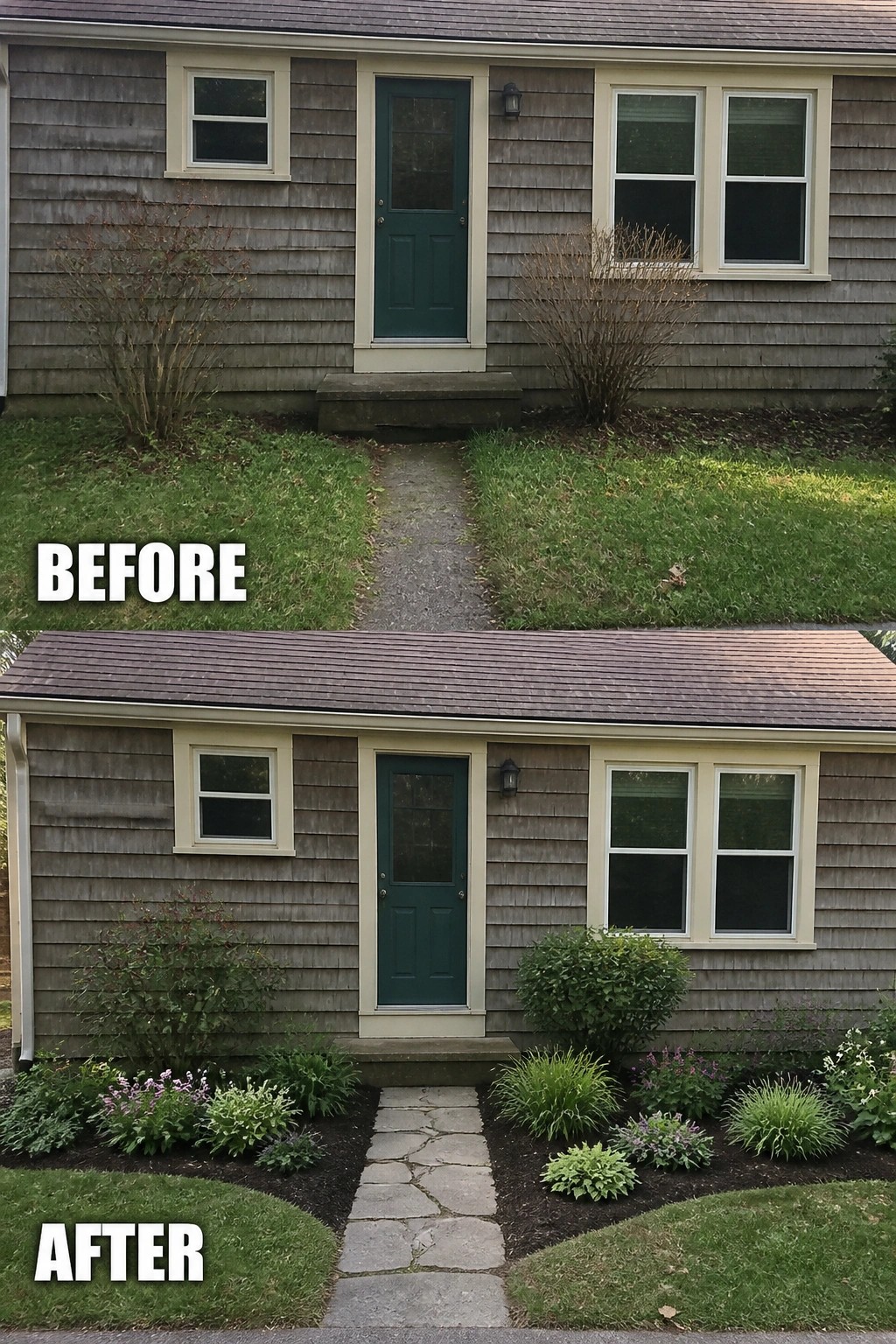 Before-and-after image of a small front yard where a worn lawn path was replaced by a stone walkway and flanked with defined mulched garden beds and low plantings.