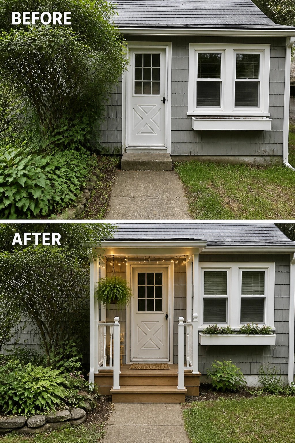 Before-and-after image of a plain front entry upgraded with a small covered porch including steps, white railings, and a hanging plant.