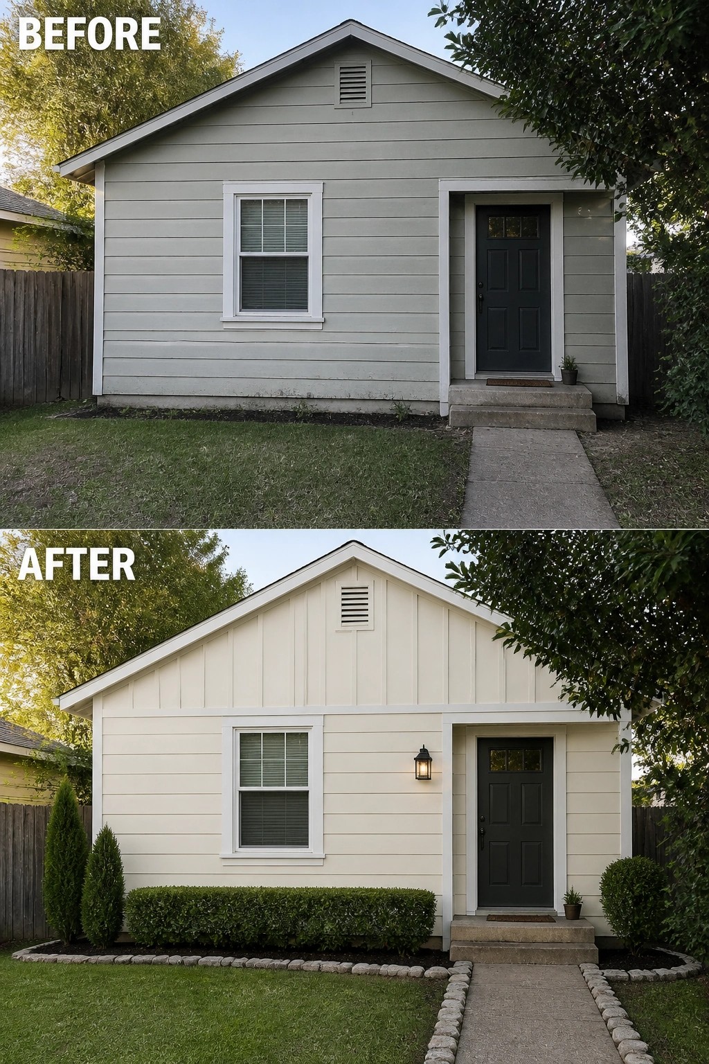 Before-and-after image of a small cottage front updated with new trim and siding, a wall lantern by the door, and defined planting beds with a low hedge and stone edging.