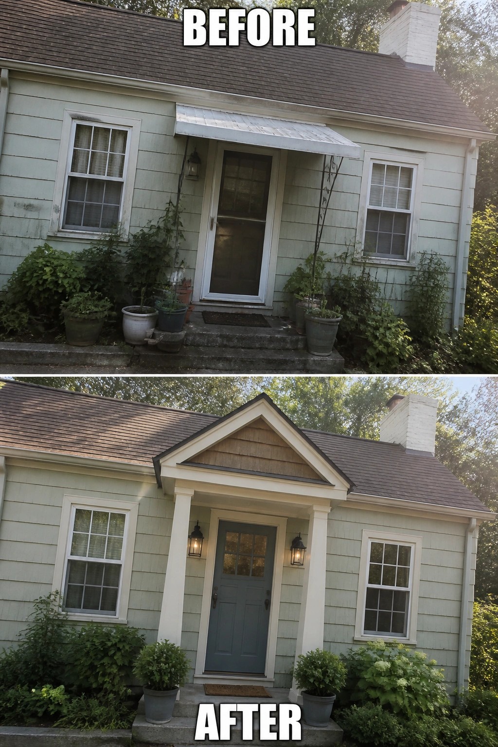 Before-and-after image of a small cottage front showing a metal awning replaced by a gabled portico with columns, a new front door color, and flanking lanterns.