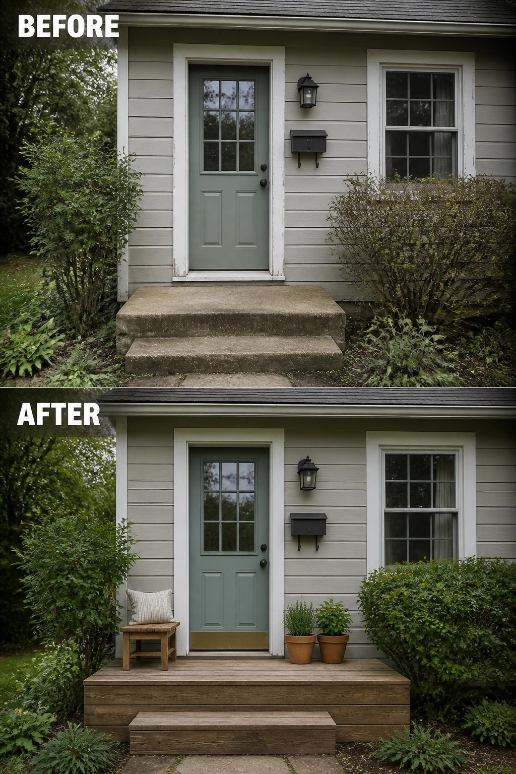 Before-and-after image of a plain front entrance changed from concrete steps to a small wooden deck with a bench and potted plants.