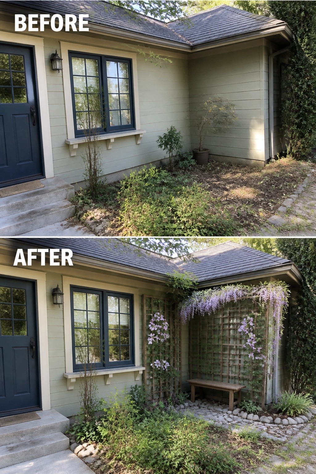 Before-and-after image of a bare house corner turned into a small seating nook with a wooden trellis, flowering vines, a bench