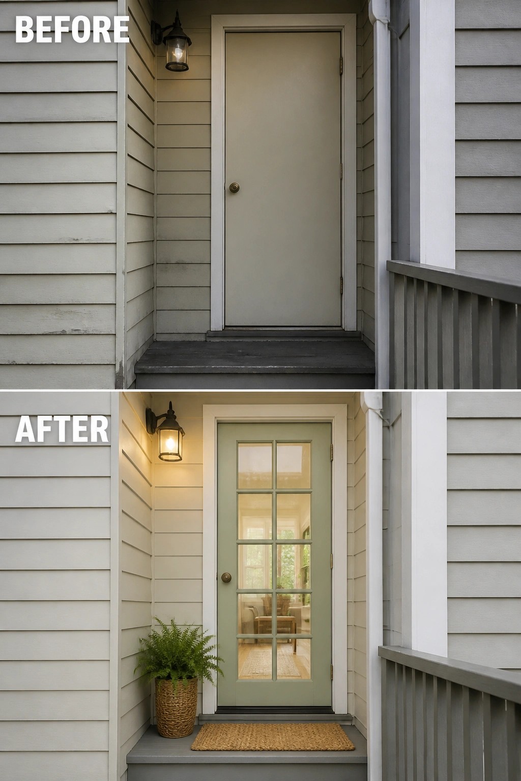 Before-and-after image of a bare front porch updated with a glass-panel front door, an exterior light, and a potted plant with a doormat.
