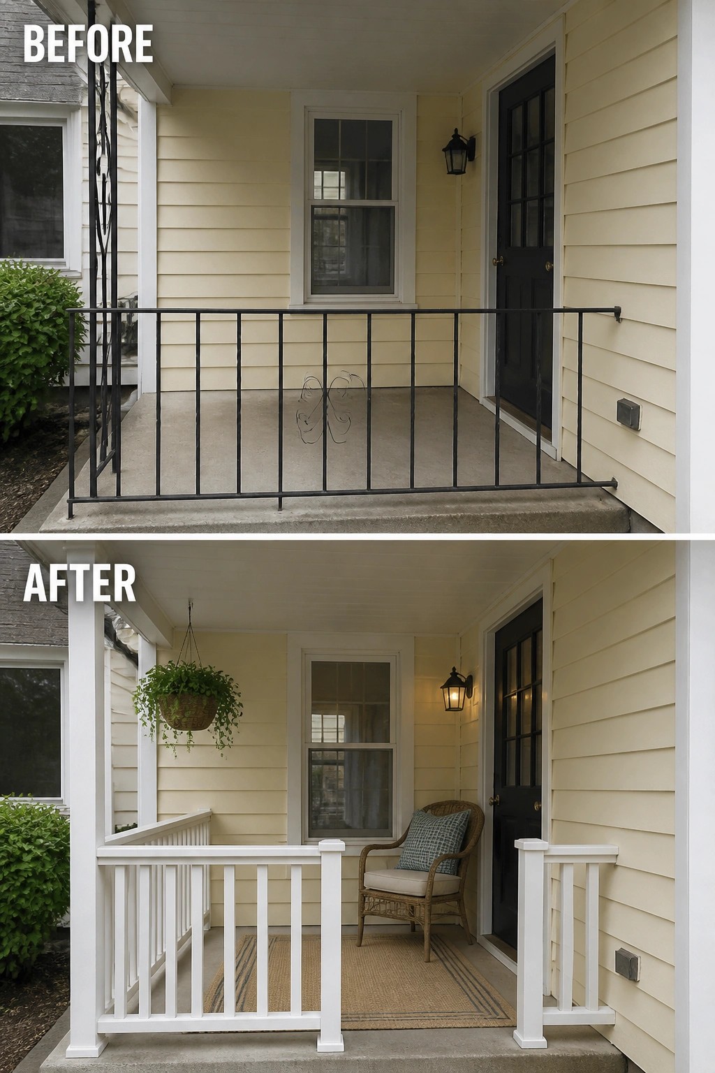 Before-and-after image of a small front porch where a metal railing and bare concrete were updated with a white post railing, a chair, a rug, and a wall lantern.