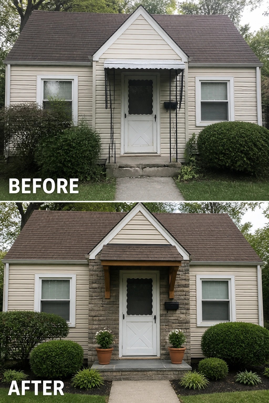 Before-and-after image of a small cottage front where a thin metal awning and supports were replaced by a compact wooden porch roof, stone-clad door surround, and paired planters.