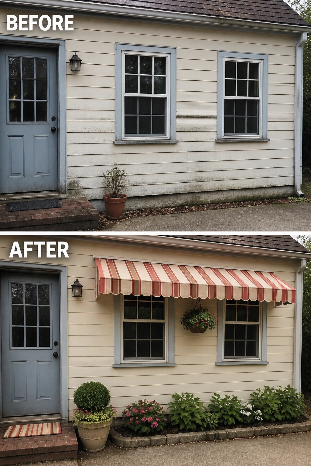 Before-and-after image of a plain cottage facade updated with a striped awning, hanging basket, potted shrubs, and a small planted border.