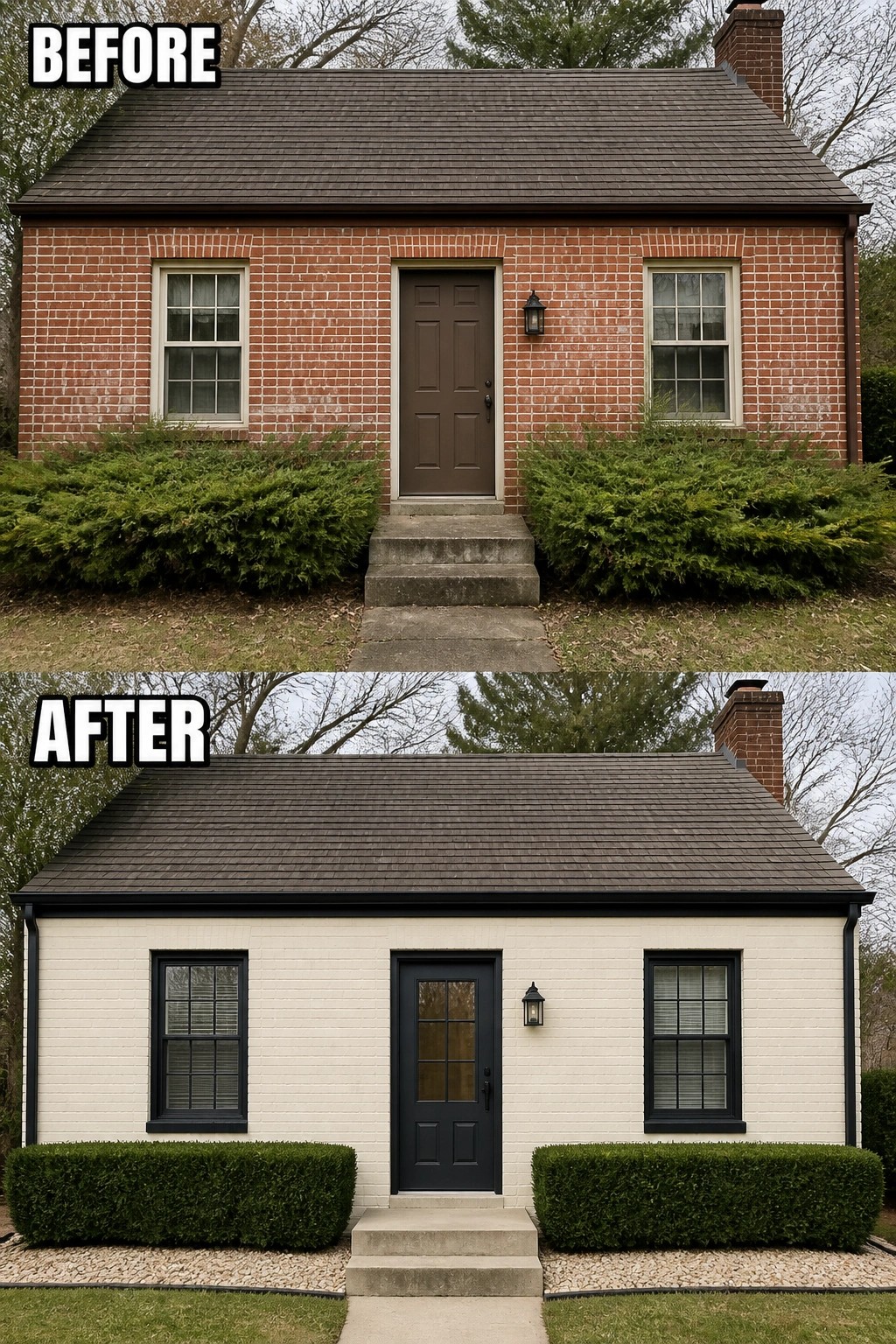Before-and-after image of a small brick cottage refreshed from red brick to light painted brick with dark trim and a neater front planting bed.