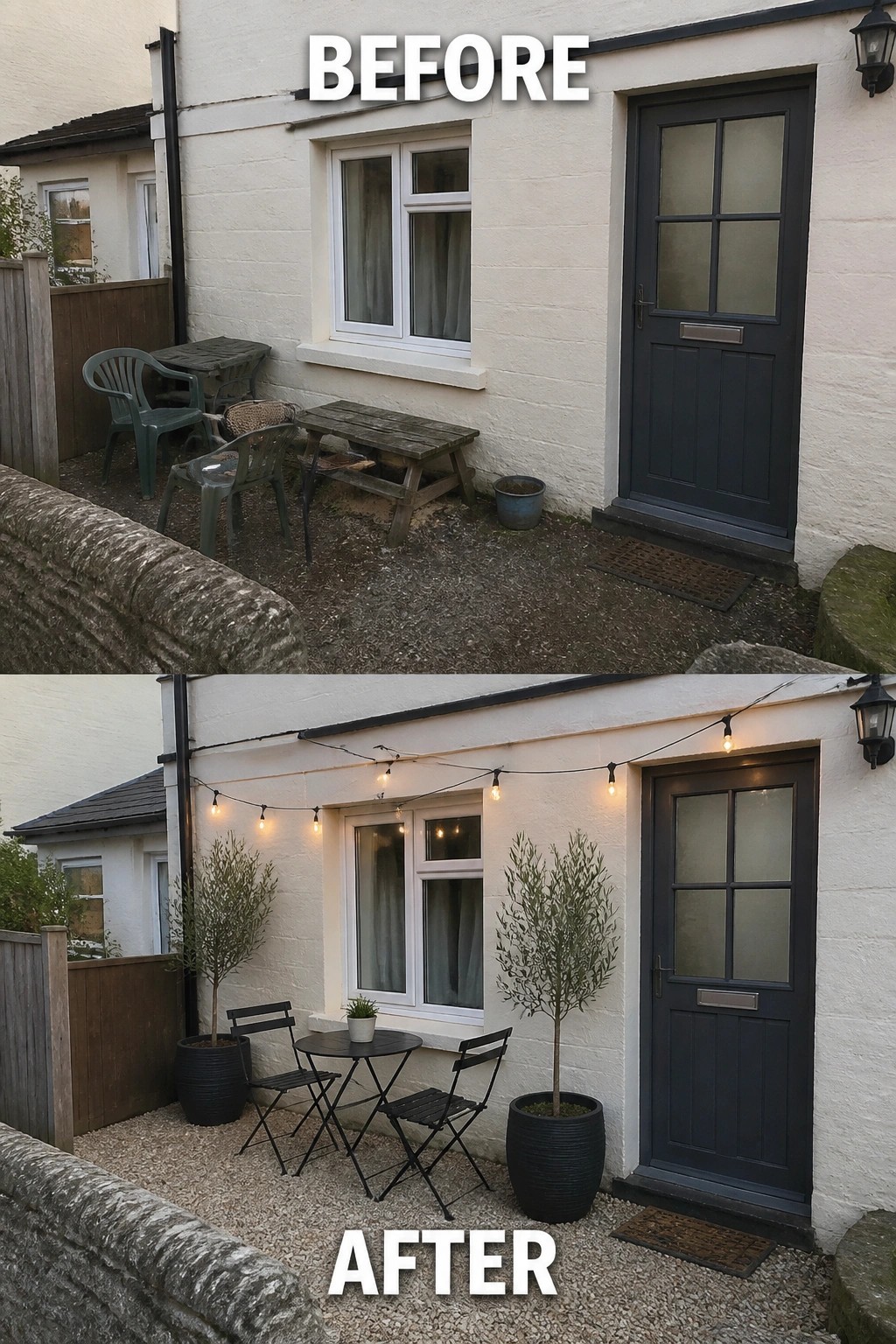 Before-and-after image of a small cottage front turned from a bare, cluttered stoop into a compact seating area with gravel, a bistro table, potted trees, and string lights.