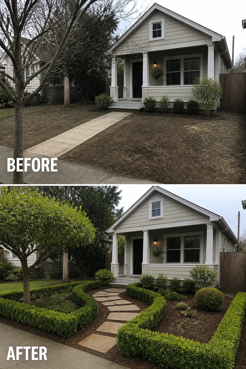Before-and-after image of a bare front yard changed into a small cottage garden with a curving stepping-stone path and low hedges.