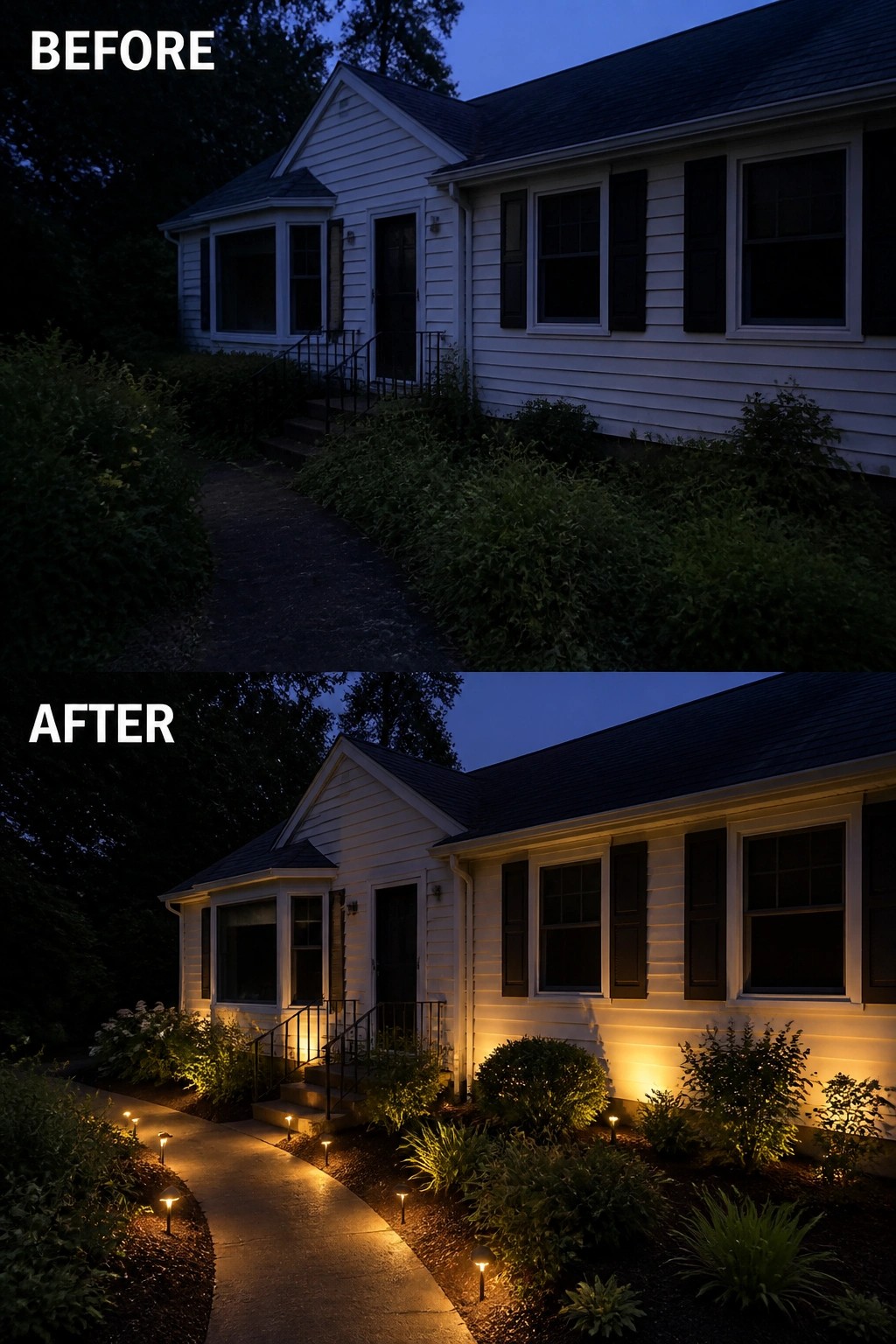 Before-and-after image of a small cottage exterior showing a dark, overgrown approach changed to a lit walkway and facade with low garden stake lights and uplighting.