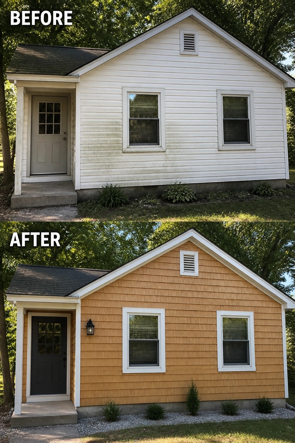 Before-and-after image of a small cottage front where plain white siding is replaced by warm cedar-style shingles, new white trim, a dark front door, and simple foundation plantings.