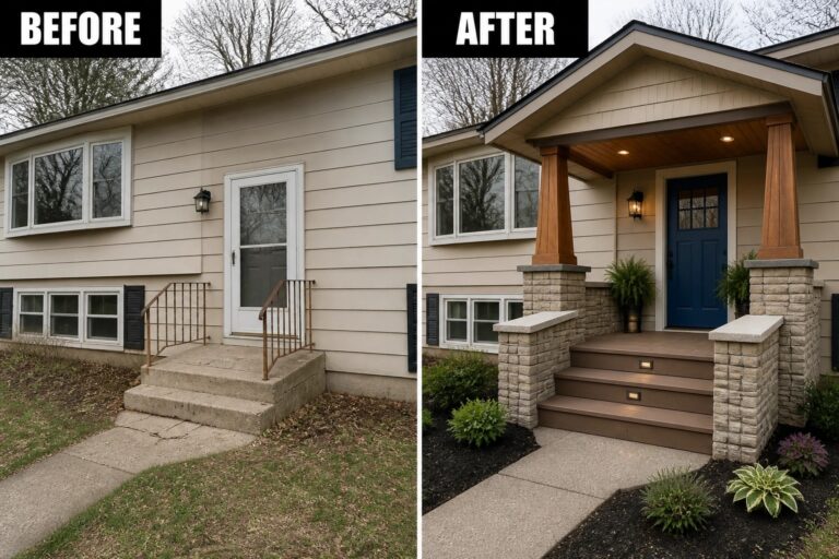 Before-and-after image of a small concrete stoop updated into a covered front porch with tapered wood columns, stone knee walls, a new blue door, lighting, and planted beds.