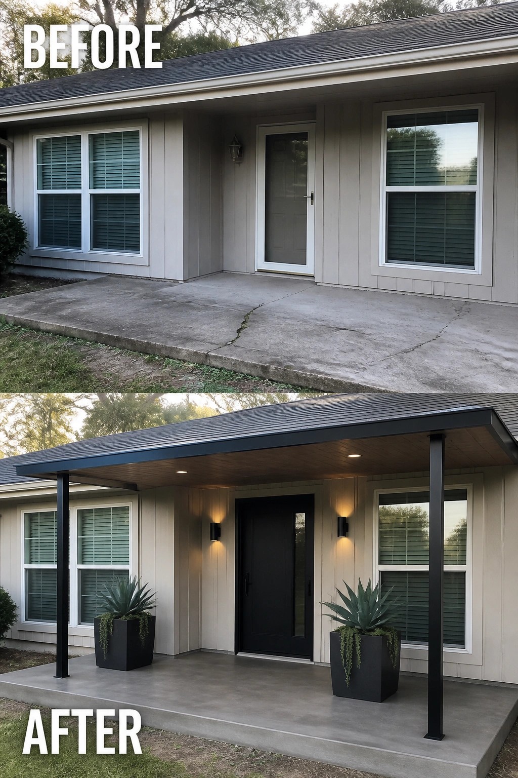 Before-and-after image of a plain concrete front stoop updated with a new covered porch overhang, black support posts, wall lights, and matching planters.