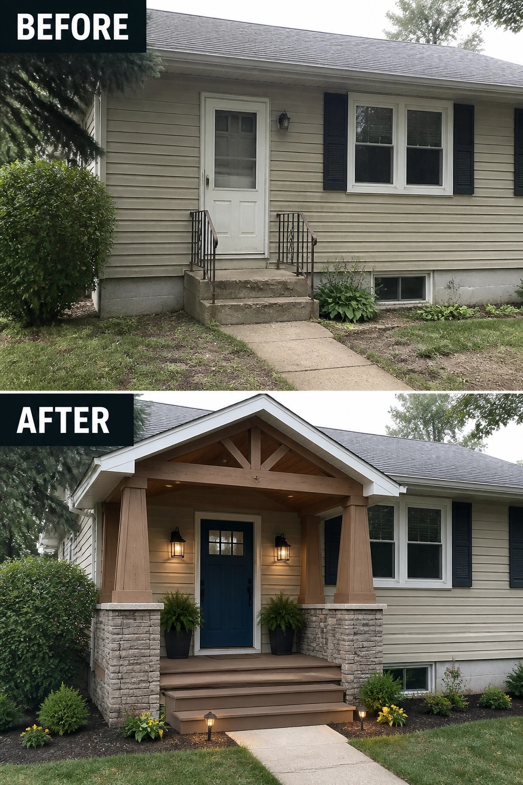 Before-and-after image of a small concrete stoop updated into a covered front porch with tapered wood columns, stone knee walls, a new blue door, lighting, and planted beds.