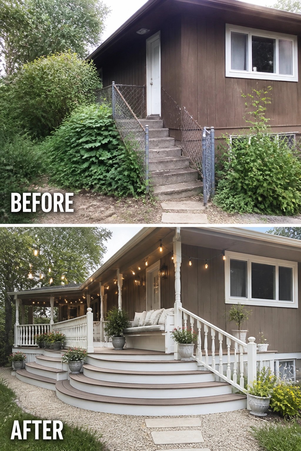 Before-and-after image of a bi-level home where a narrow concrete staircase and overgrown plantings are replaced by broad curved steps, white railings, seating, planters, and string lights.