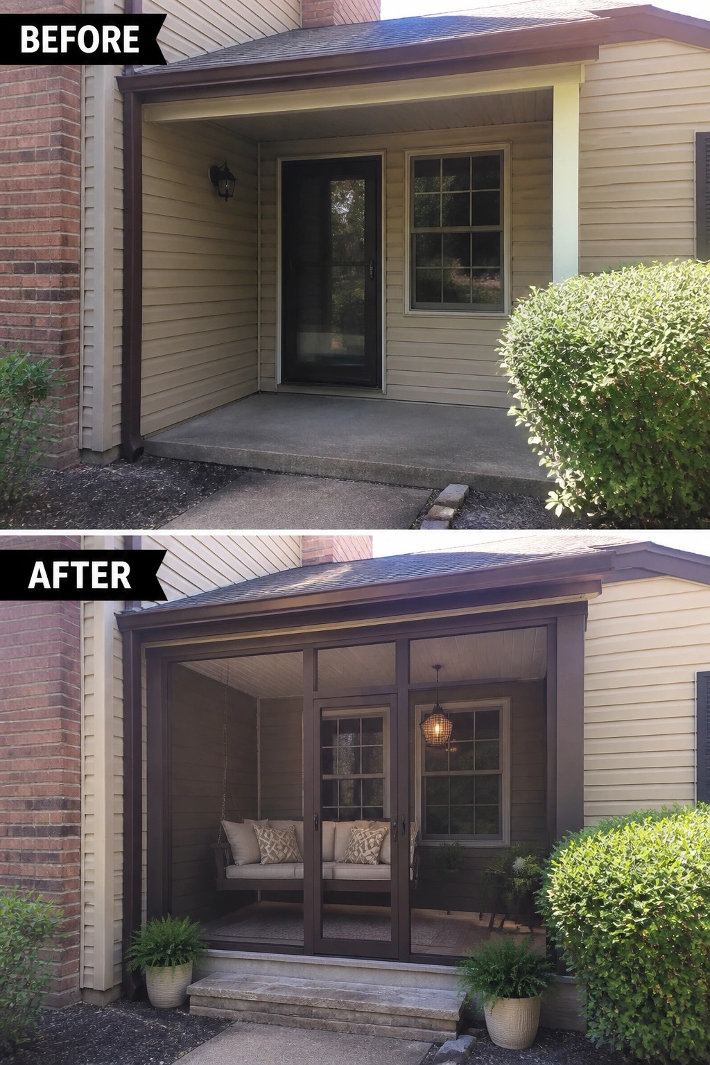 Before-and-after image of a plain recessed porch updated into a screened-in seating area with a bench, screens, and potted plants.