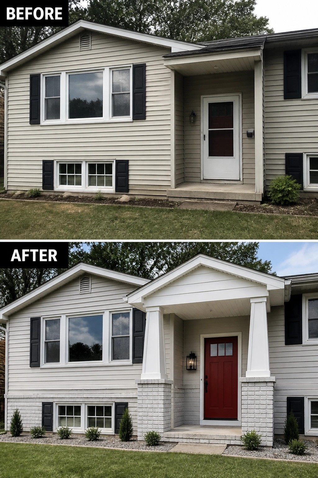 Before-and-after image of a bi-level house where a plain recessed entry is updated with a small gabled porch with tapered columns and brick piers, a red front door and new lantern light, plus simple foundation plantings.