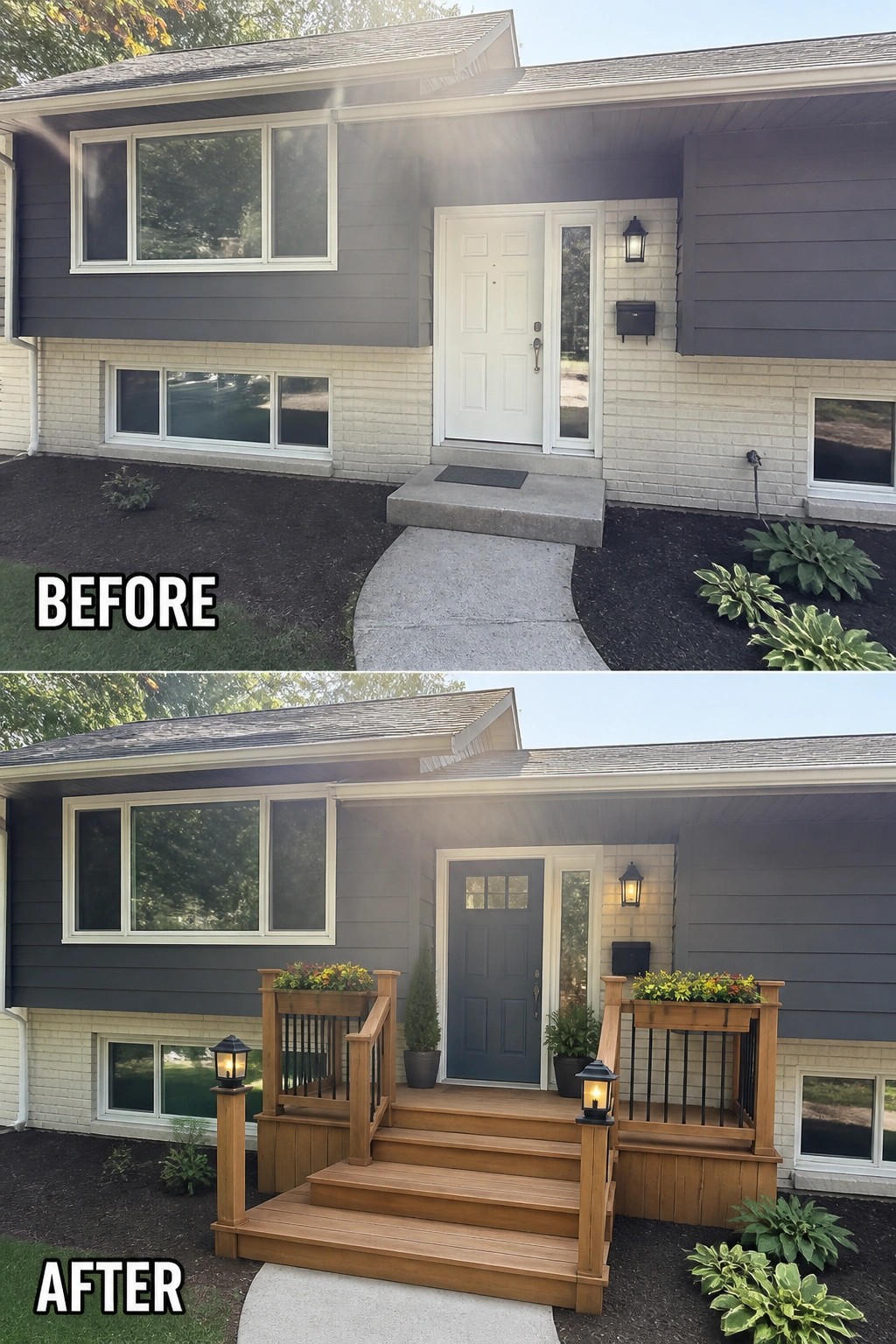 Before-and-after image of a plain front entry updated by adding a small wooden porch with steps, railings, planters, and lanterns.